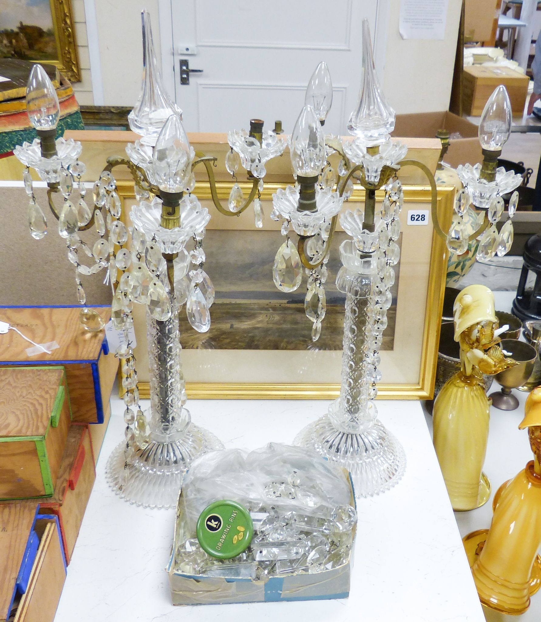 A pair of assembled glass candelabra 60cm